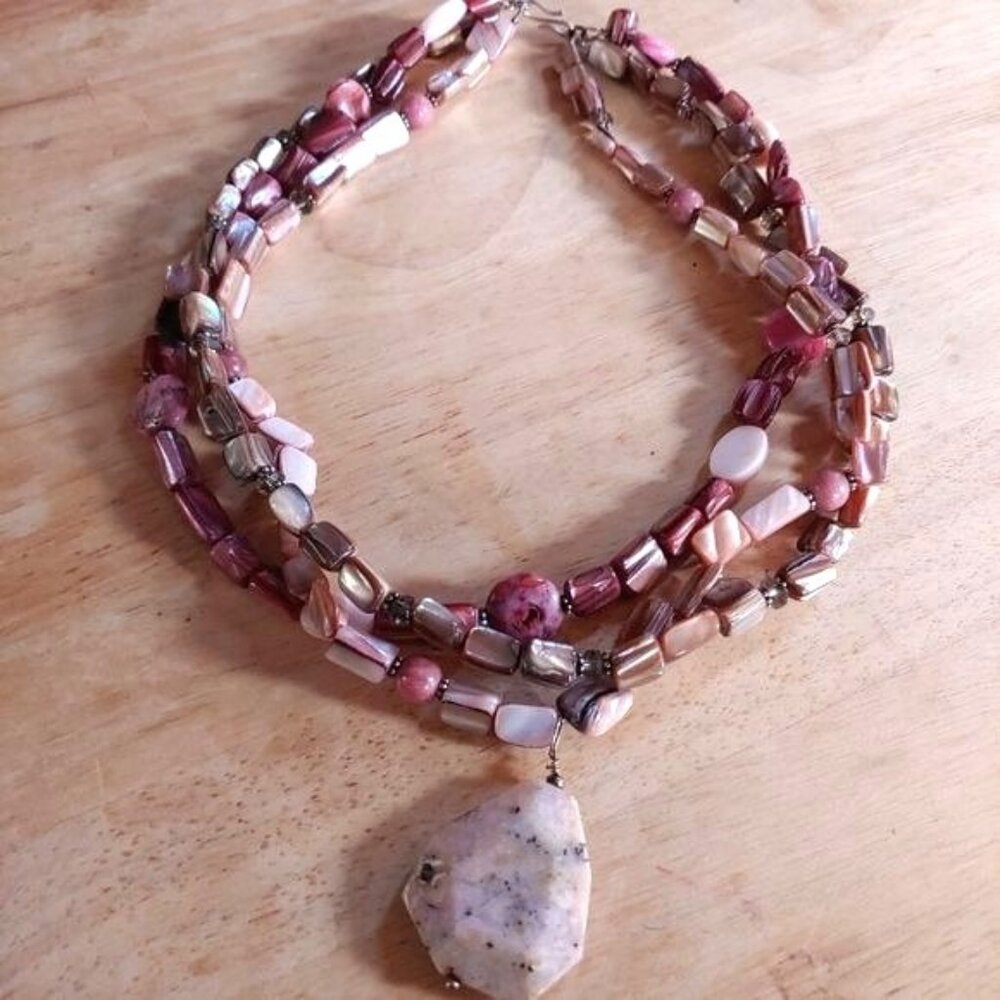 Handcrafted necklace 3-strand choker necklace with jasper teardrop pendant